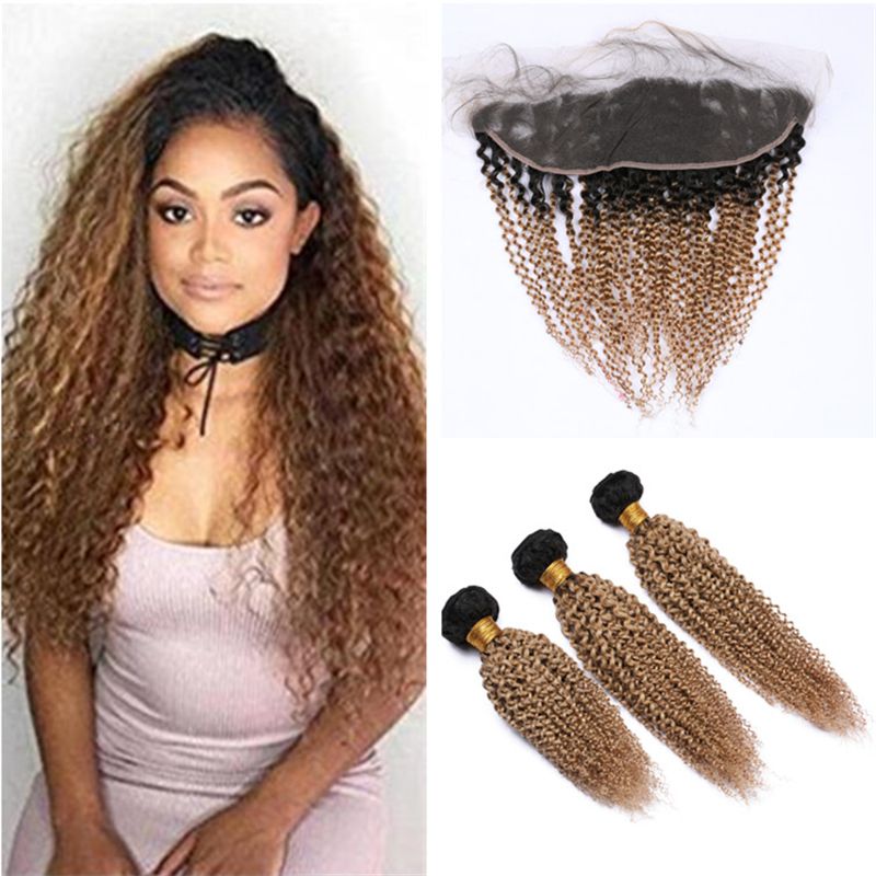 2019 Kinkys Curly Two Tone 1b 27 Honey Blonde Ombre Virgin Hair