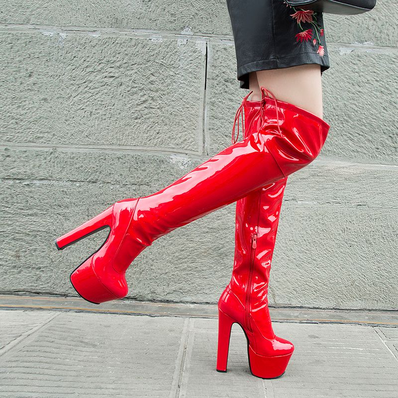 Women's Black/Red Patent Leather Over Knee Boots Zip Up High Heel Platform Shoes