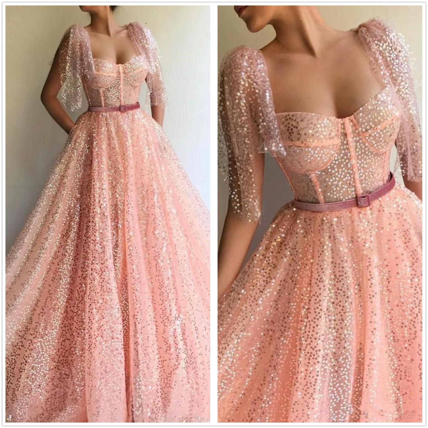 Sparkling Pink Sequin A Line Evening Dresses With Short Sleeves Floor