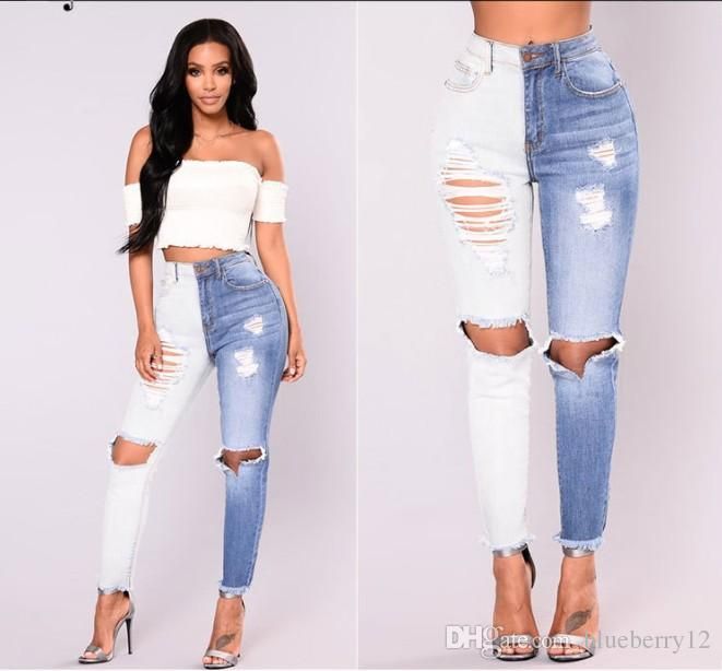 Compra Las Mujeres Atractivas Denim Jeans Delgado Agujero Blanco Azul  Colorblock Mezclilla Delgada Jeans Para Las Mujeres Asiáticas Tamaño S 2XL  Barato | Entrega Rápida Y Calidad | Es.Dhgate