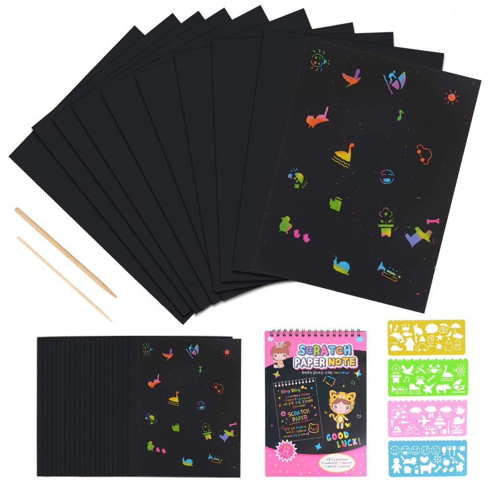 50 Hojas Artes del arco iris cero notas papel Combo Conjunto Negro Arte rasguño para niños