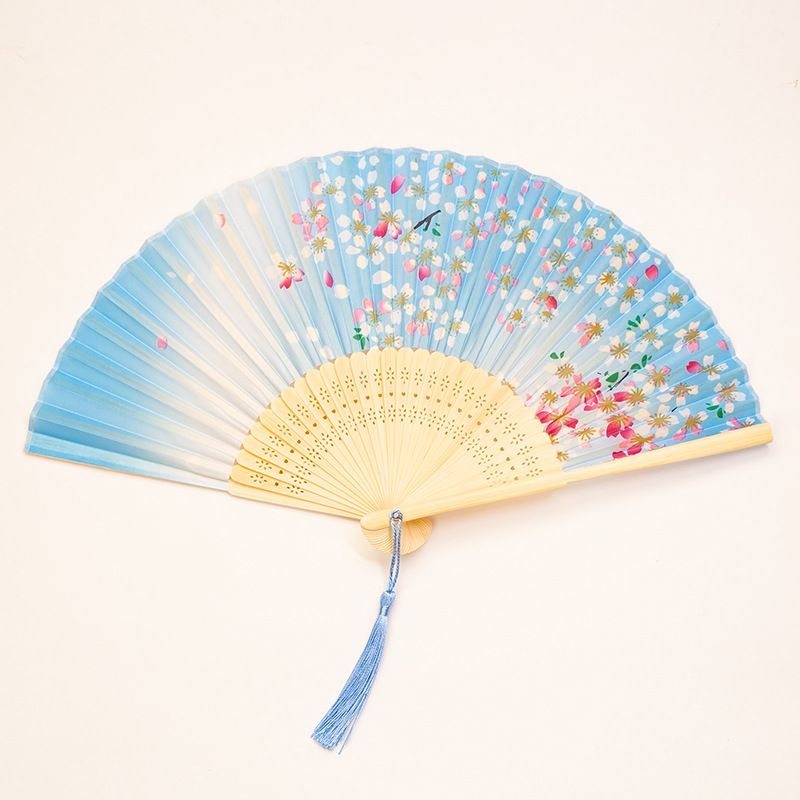 Chinese Japanese turquoise Silk Hand Flower Bamboo Asian Pocket Fan