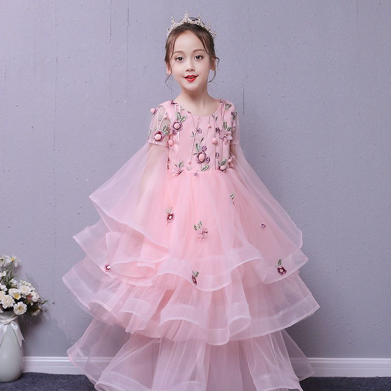 Pink Flower Girl Dress Long Bead Rhinestones Shinny Short Sleeve Cute Party Gown
