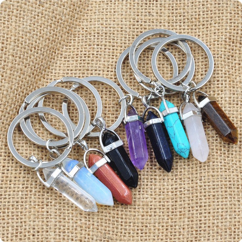 Bulk Natural Stone Keychains Hexagonal Prism Bullet Quartz Point Healing Crystals Chakra Key