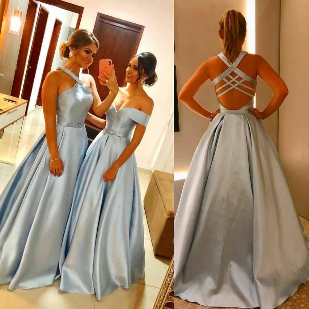 Sexy Azul Cielo Vestidos de gala 2020 A-Line / Princess Spaghetti Straps  Rebordear Crystal Lentejuelas Perla