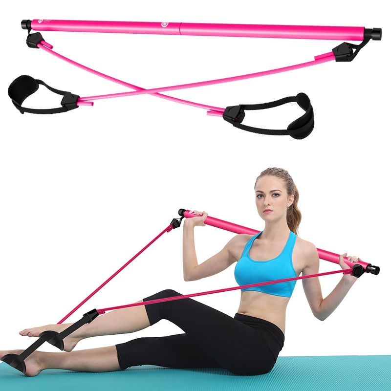 Gym Pilates Bar Kit W/Resistance Band Adjustable Exercise Stick Toning