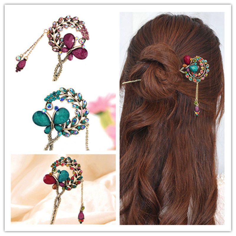 2019 Women Lady Retro Crystal Butterfly Flower Chinese Hairpin