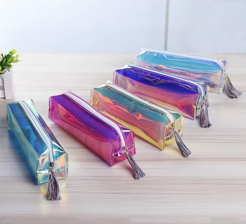 Laser Clear PVC Pen Case Pencil Bags Pouch Tassel Cute Transparent
