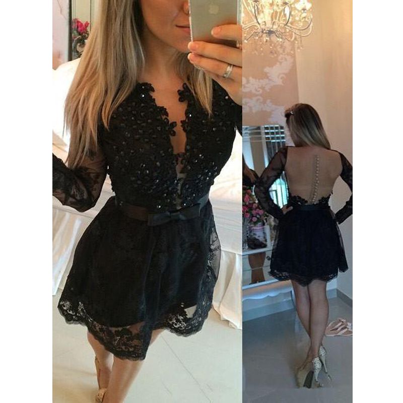 Vestidos cortos de vestimenta cortos Sexy con encaje negro cóctel vestido de fiesta hueco espalda aplique Vestidos cortos de vestimenta cortos Sexy con encaje negro cóctel vestido de fiesta hueco espalda aplique