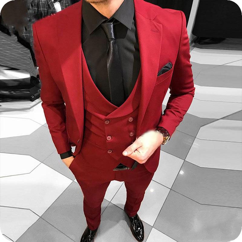 Men Red Suits For Business Groom Wedding Tuxedo Coat+Pants+VestTerno