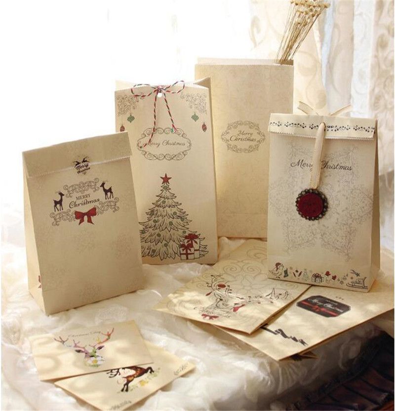 Feliz Navidad de papel Kraft Bolsa amigable eco Galletas bolso del regalo del árbol de