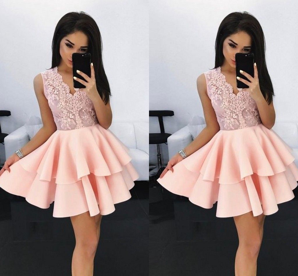 Light Pink Lace Beaded Short Prom Dresses Two Layers Skirt V Neck ...