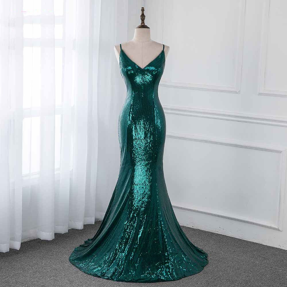 emerald green sequin evening gown