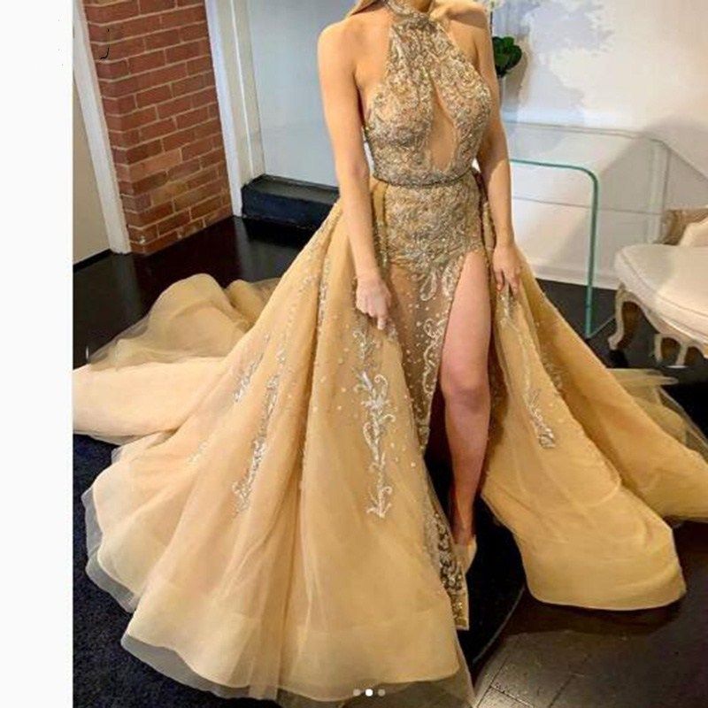 gold thigh split dress