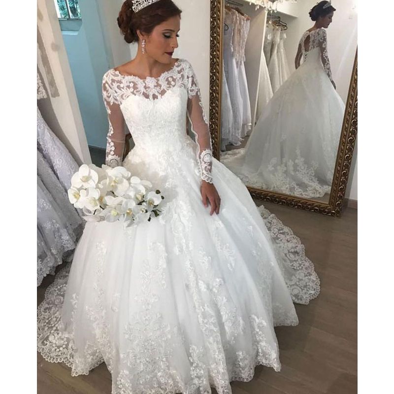 Elegant Scoop Neck Long Sleeve Ball Gown Wedding Dress Open Back