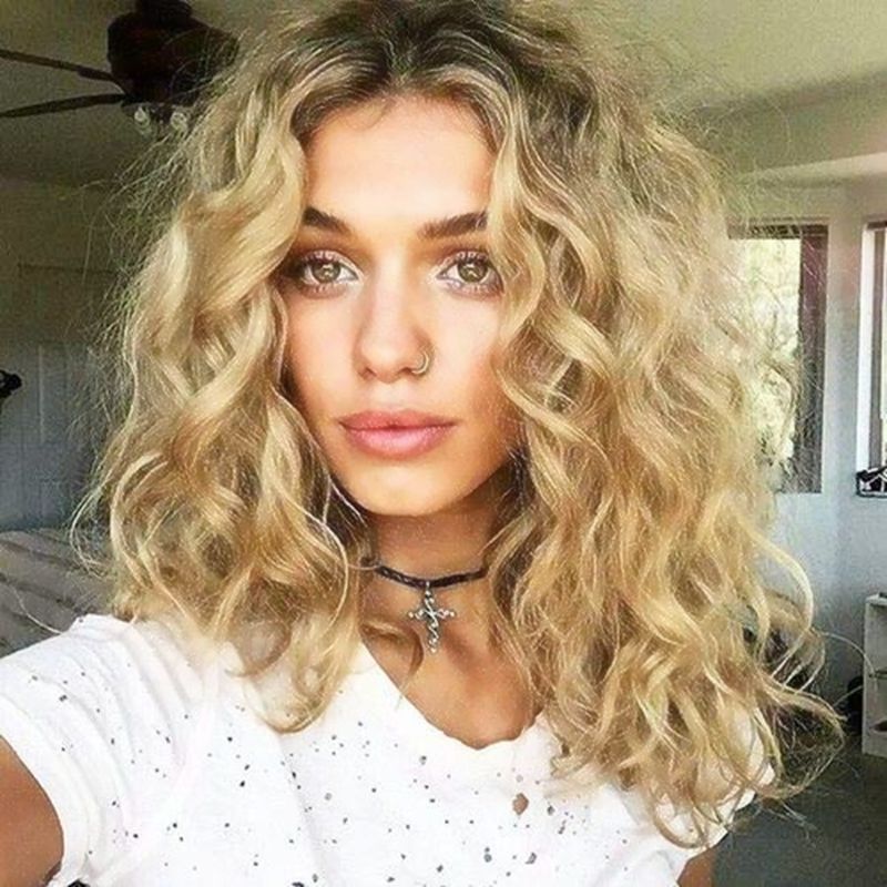Ombre Blonde Lace Front Wig Curly Soft Natural Black Roots Ash