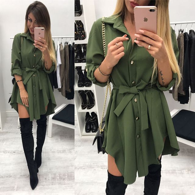 Compra Irregular Vestido De Camisa De Cintura De Corbata Vestido De Abrigo  De Otoño De Las Mujeres Manga Larga Gire El Cuello Abajo Verde Militar Mini  Vestidos Cortos Barato | Entrega Rápida
