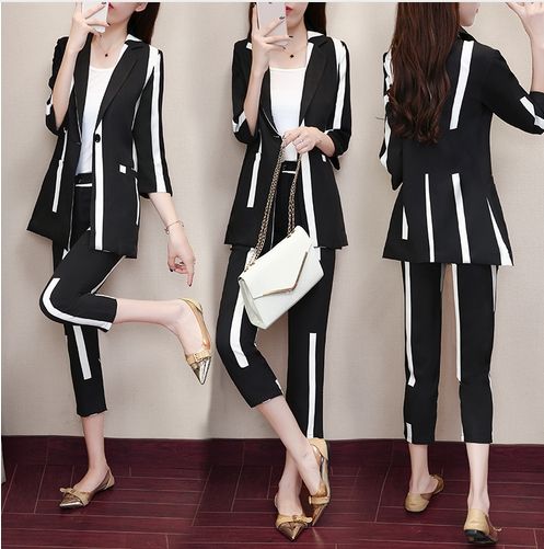 2020 Western Style Two Piece Set Top And Pants Striped Woman Suit