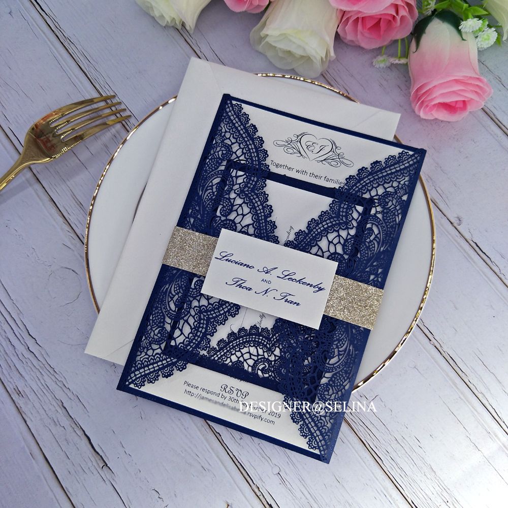 Elegant Wedding Invitation With Glittery Belt And Tag Navy Blue