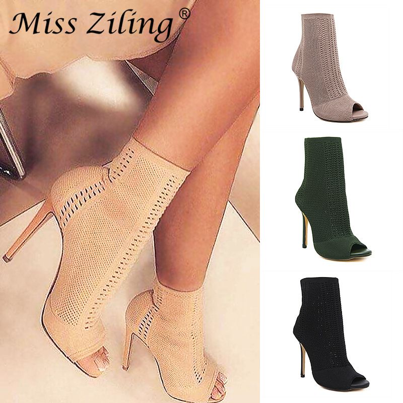 Womens Laarzen Groene Elastische Knit Sokken Laarzen Dames Open Teen Hoge  Hakken Mode Kardashian Enkellaarzen Dames