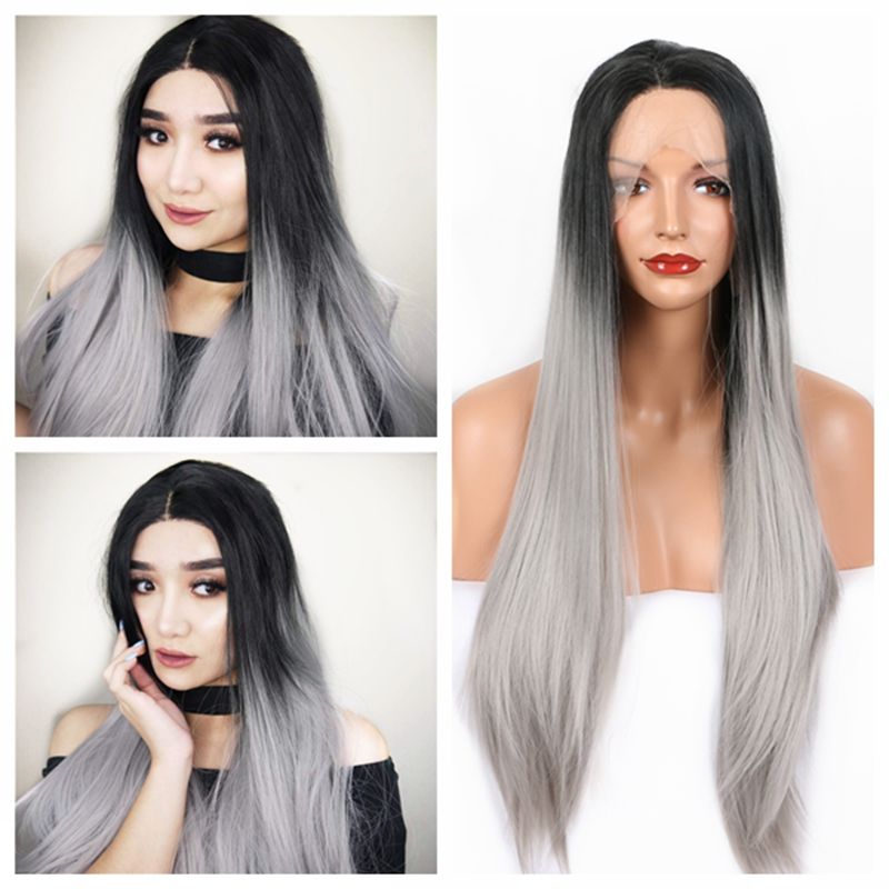 Fashion Black Roots Ombre Gray Long Straight Hair Glueless Synthetic Lace Front Wigs For Women Heat Resistant Fiber Hair Middle Part Lace Hair Wigs