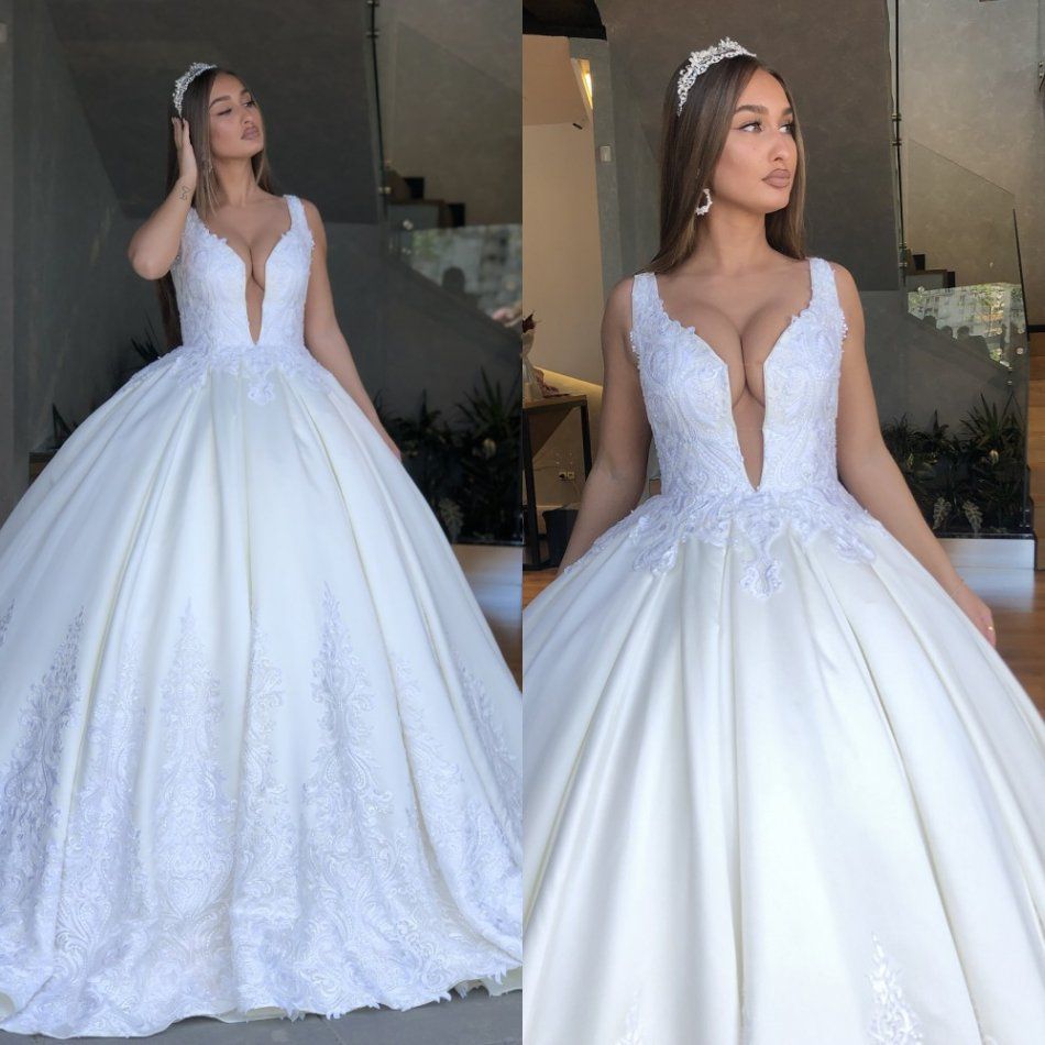 v neck satin ball gown