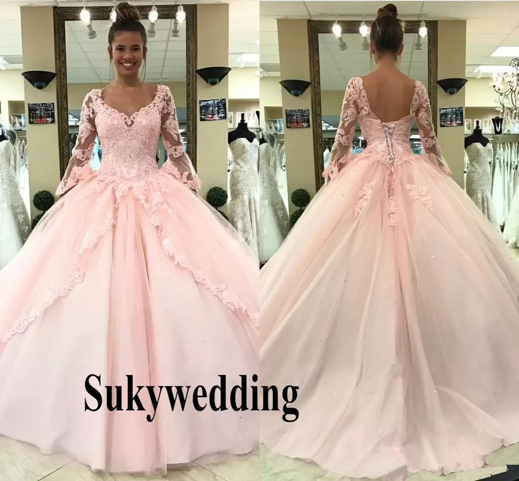 Acheter Rose Clair Quinceanera 19 A Manches Longues Robe De Bal Princesse Douce 16 Robe Anniversaire Pageant Prom Party Robes De Ceremonie De 108 42 Du Sukywedding Dhgate Com