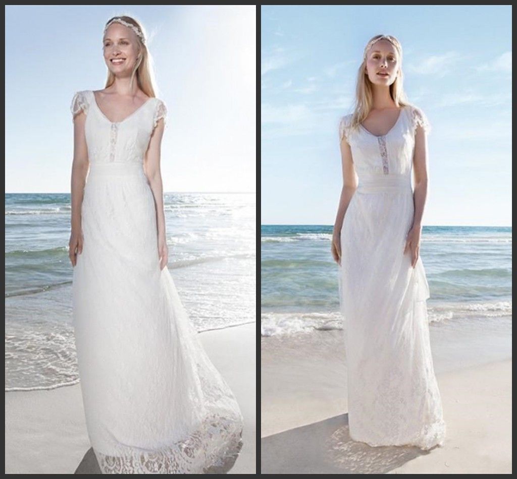 Cap Sleeve V Neck A Line Lace Wedding Dress White Ivory Beach Bridal Gowns