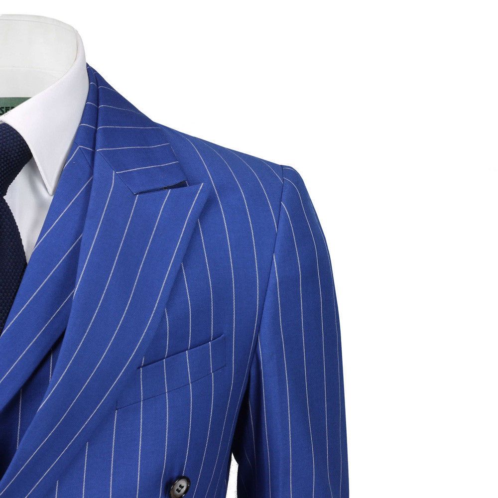 Mens 3 Piece Double Breasted Wide Chalk Pin Stripe Suit Royal Blue Classic Retro Tailored Fit 