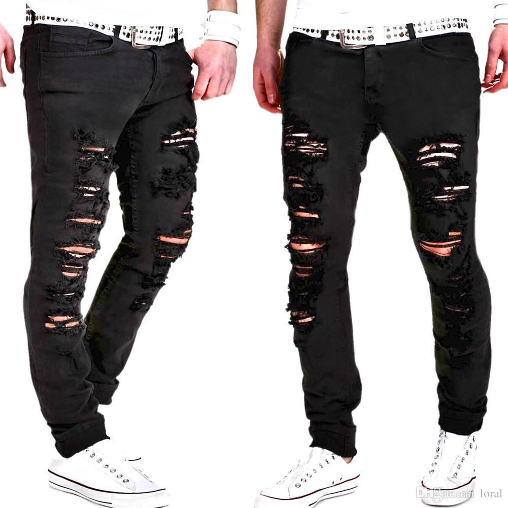 Compra Hombres Agujeros Rasgados Diseño Jeans Pantalones Largos Casuales  Negros Salto De Primavera De HIp Hop Rap Pantalones De Lápiz Pantalones  Barato | Entrega Rápida Y Calidad | Es.Dhgate