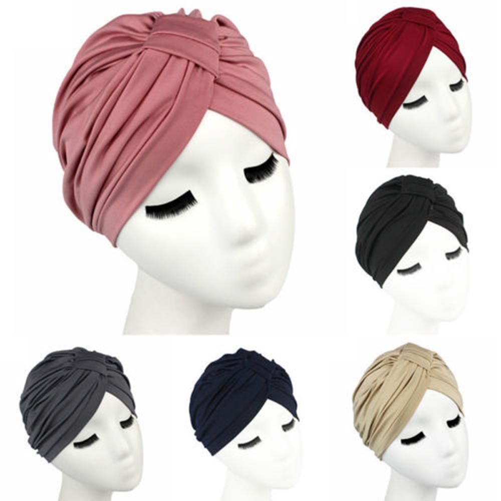 Download Turban Hat For Women Solid Color Casual Head Wrap Stretchable Chemo Pleated Cap Fashion Cotton ...