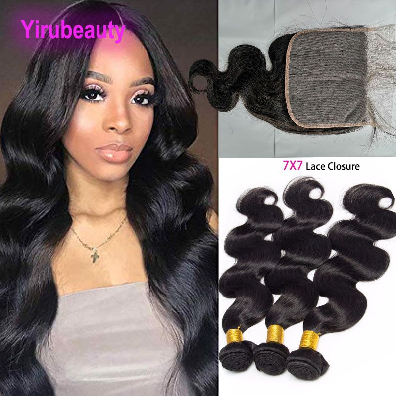 Peruvian 100% Human Hair Body wave Bundles With 7X7 Lace Closure Natural  Color 4 Pieces/lot Hair Extensions With 7 By 7 Closures