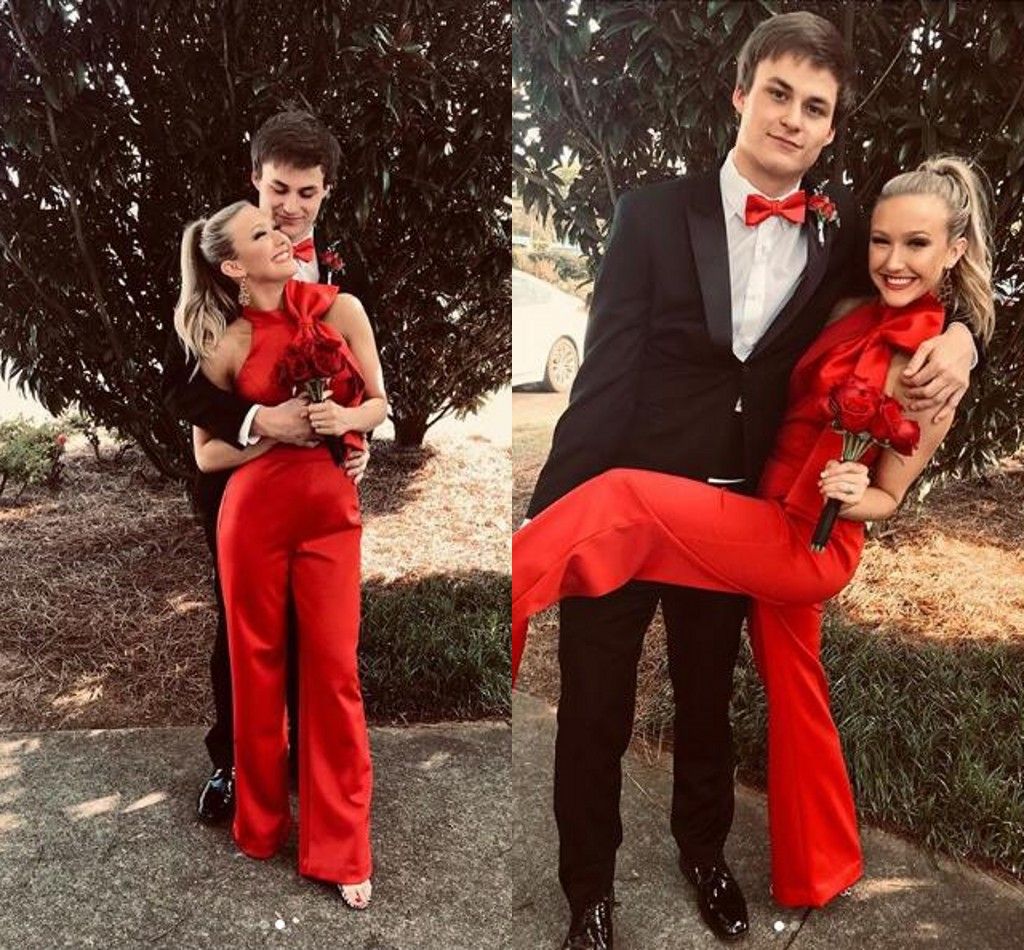 Red Jumpsuit In Prom 2020 High Neck Bow 