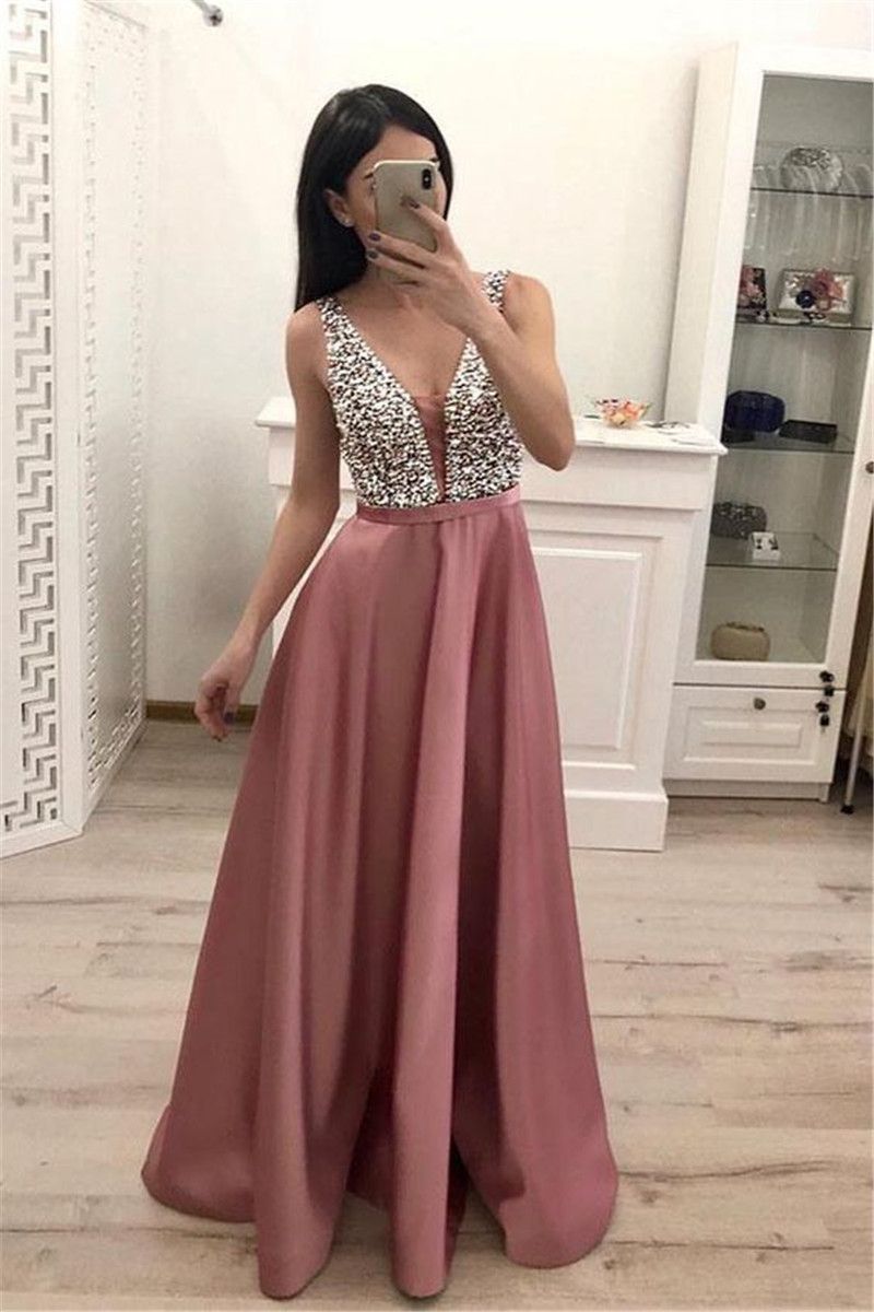 2020 Dusty Pink Sequined A Line Prom Dresses Cheap V Neck Open Back