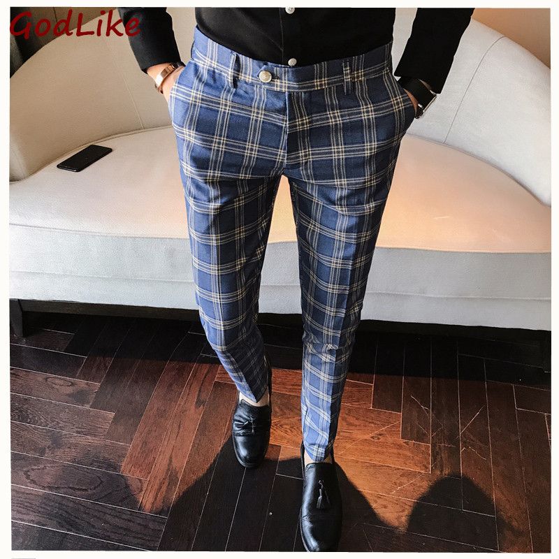 mens slim fit tartan trousers