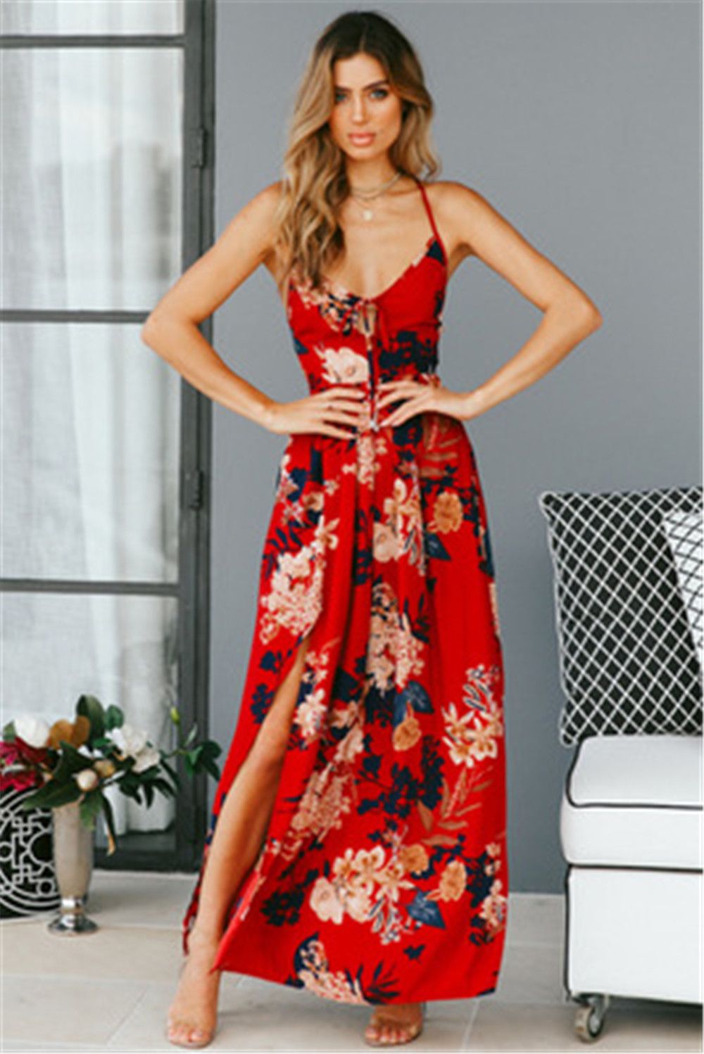 red floral sleeveless dress