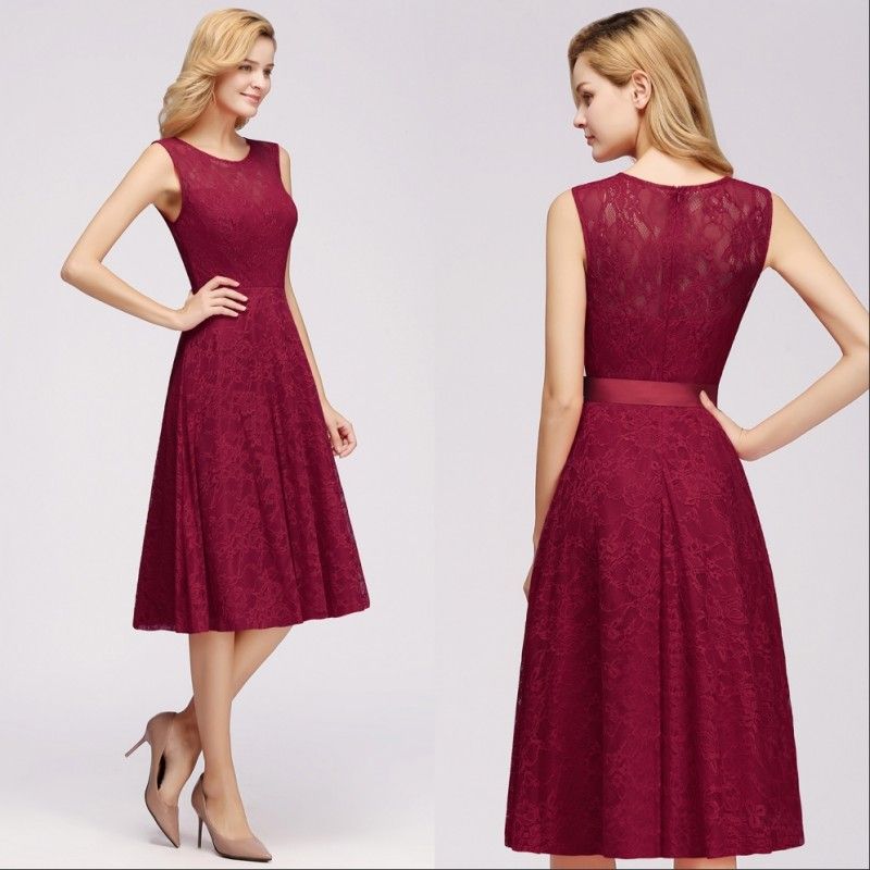 burgundy tea length bridesmaid dresses