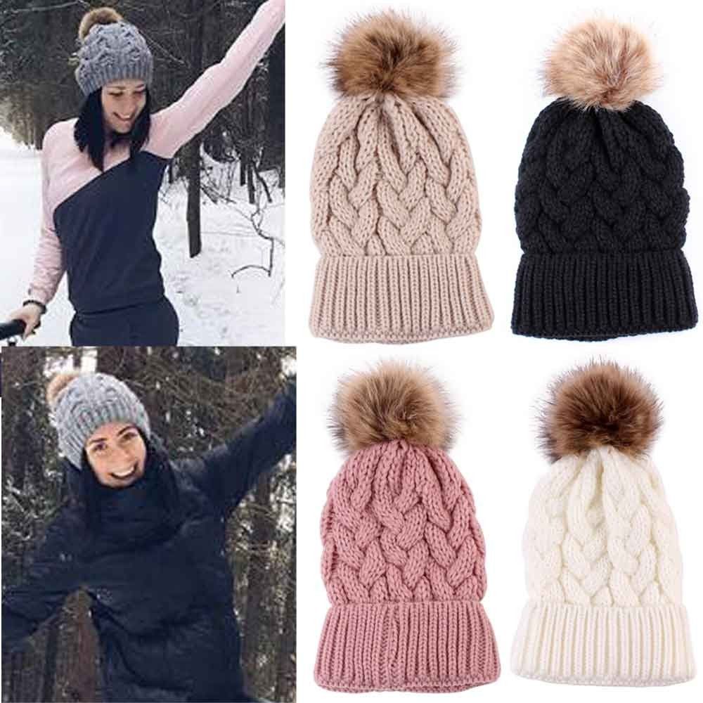 Invierno mujeres punto moda cálido pom lana sombrero damas skullies beanie sólido