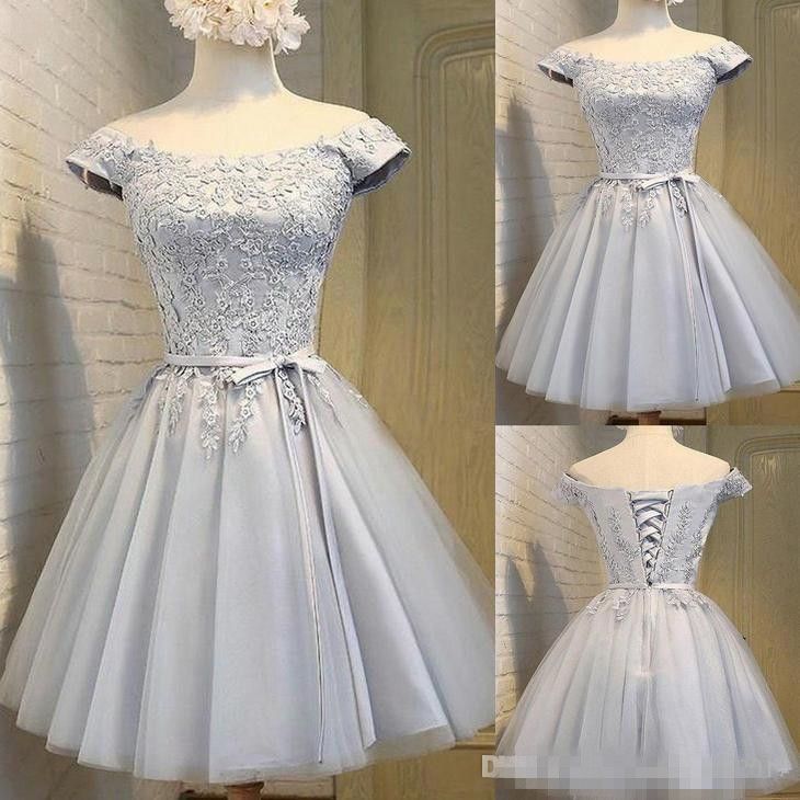 2019 Gray Silver Short Bridedmaid Dresses Scoop Neck Top Lace Sash Country Style Wedding Guest Wear Maid Of HOnor Evening Occasion Gowns 2019 Gray Silver Short Bridedmaid Dresses Scoop Neck Top Lace Sash Country Style Wedding Guest Wear Maid Of HOnor Evening Occasion Gowns