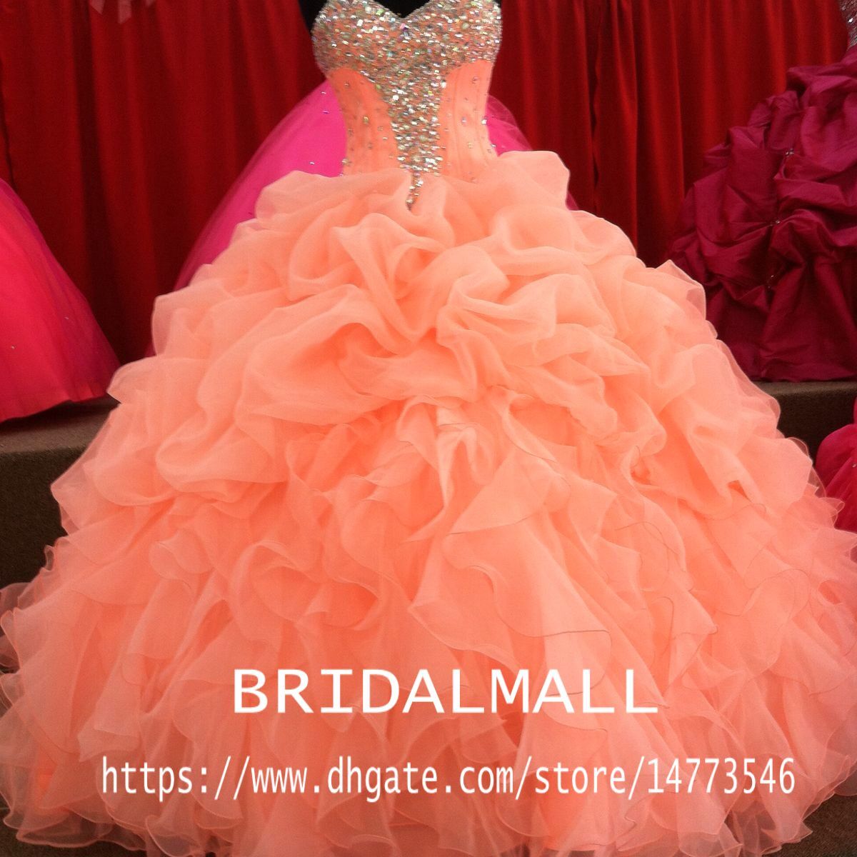 coral and gold quinceanera dresses