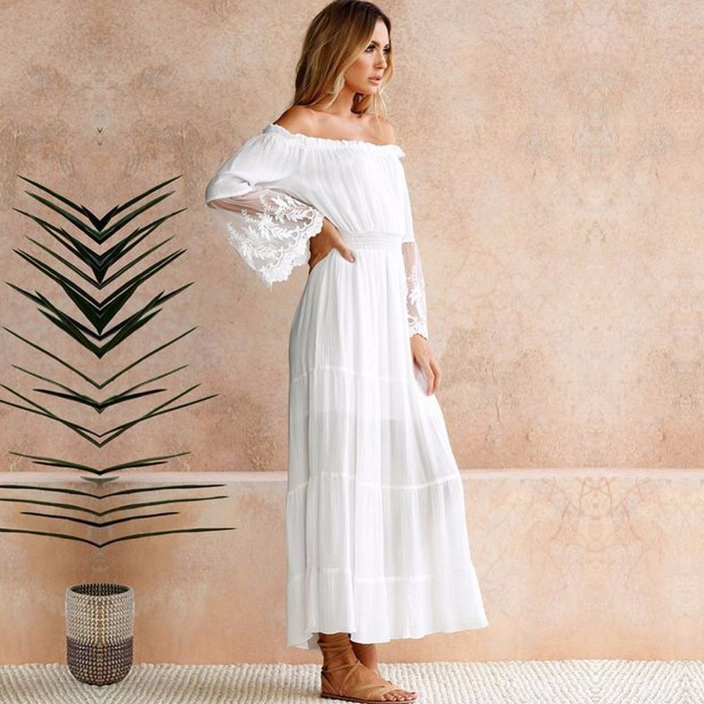 Vestito Estivo Estivo Da Donna Lungo Vestito Lungo Senza Spalline In Pizzo  Bianco Con Maniche Lunghe E Spalline Larghe Da 12,15 € | DHgate Italy