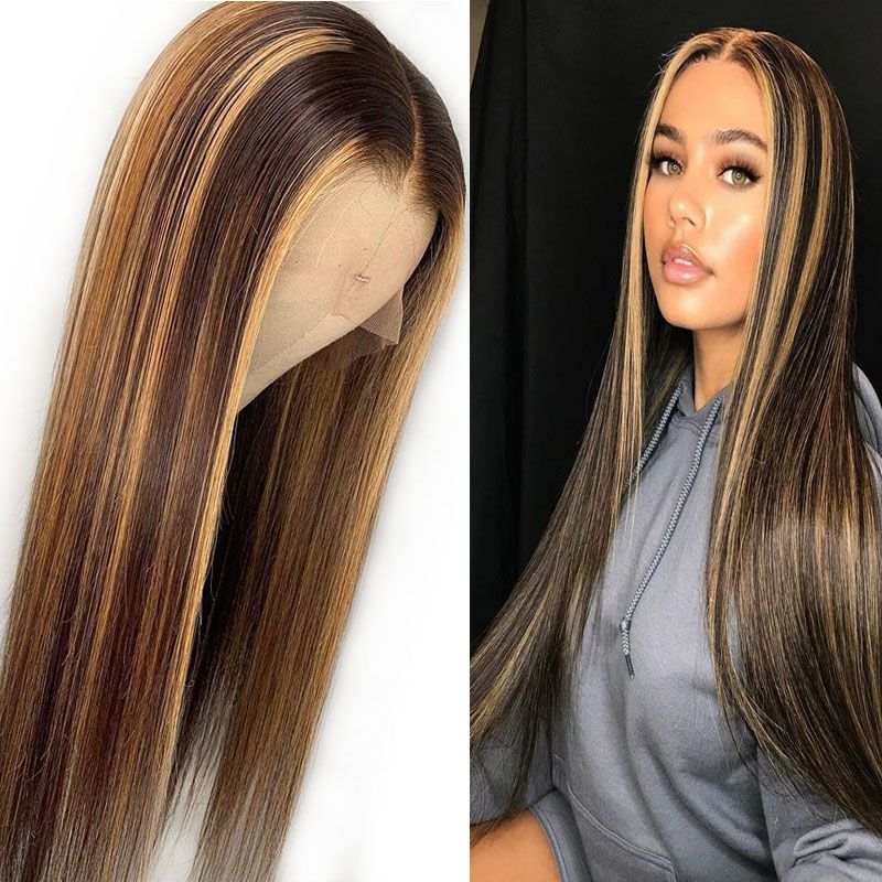 Grosshandel Highlight Lace Front Echthaarperucken Straight Ombre Brasilianische Glueless Lace Front Perucken Pre Zupf Babyhaar Dark Root Honey Blonde