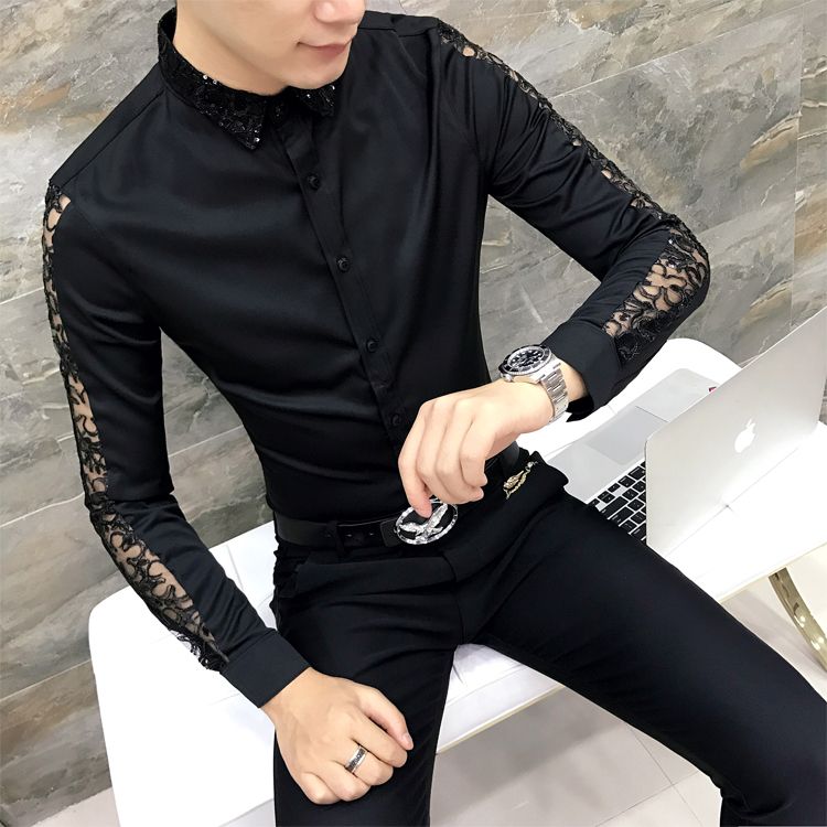 Camisetas negras únicas ahuecadas de encaje de para hombre camiseta chemise slim fit