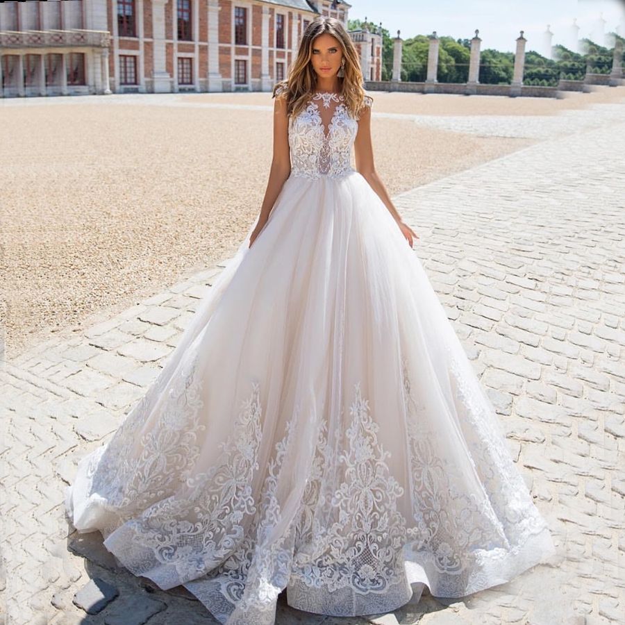 Discount Robe Mariage New Design Special Lace A Line Wedding Dresses Amanda Novias 2019 Sheer Tulle Applique Wedding Bridal Gowns Robe De Mariée