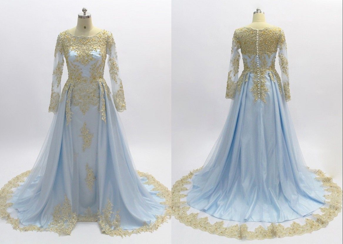 baby blue and gold prom dress