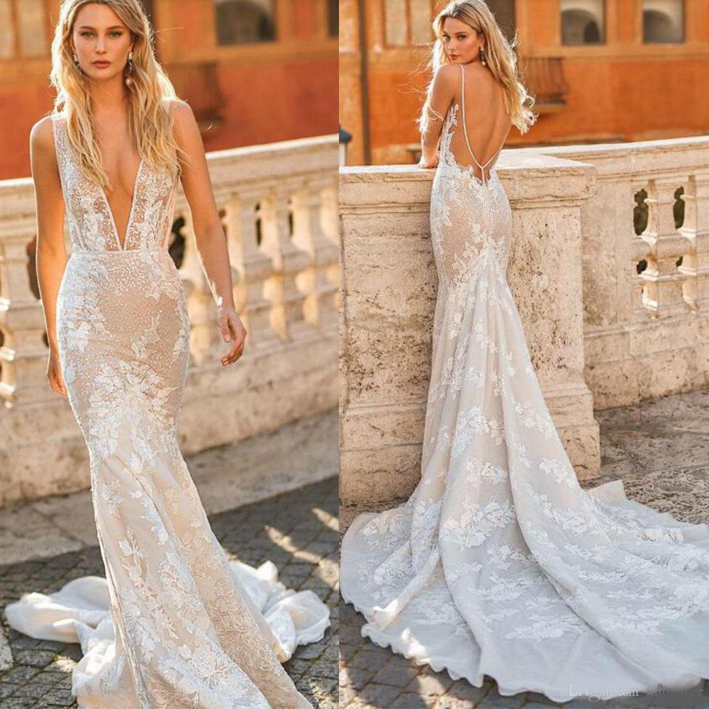 Compra Sexy Vestidos De Novia De Sirena Sin Espalda Blanca Vestidos De Boda  De Encaje Completo Boho Cuello De Cuello Con Cuello Correas Tren Tren Playa  Campo Jardín Bride Vestido Barato 