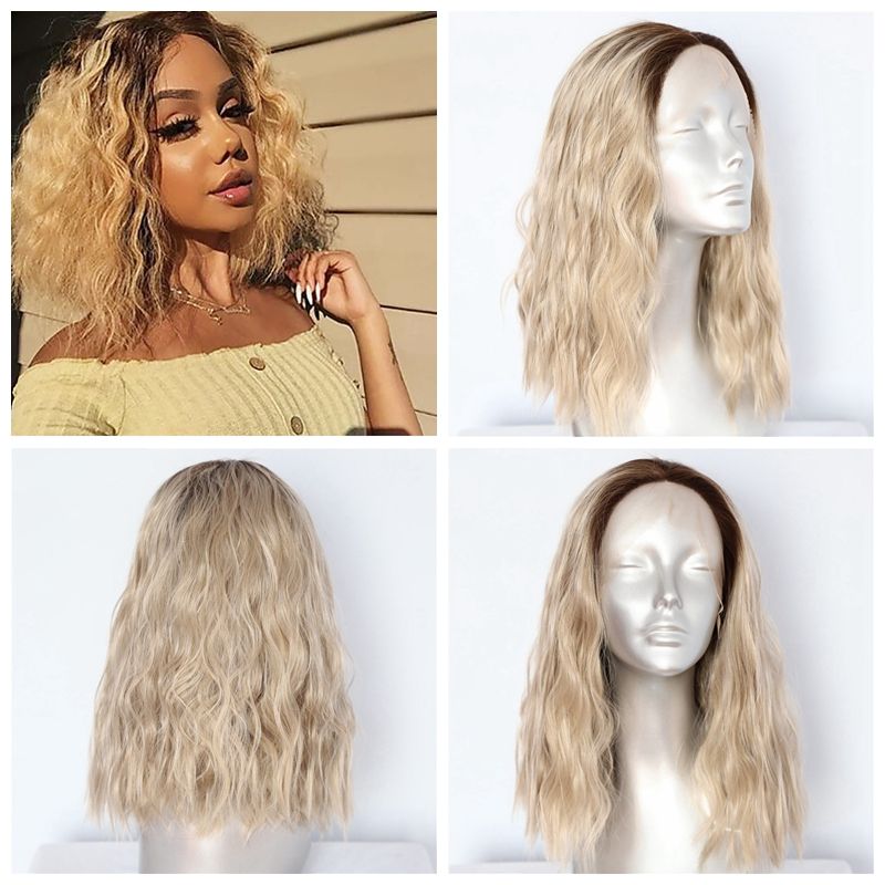 Dark Roots Ombre Blonde Natural Curly Wave Heat Resistant Short