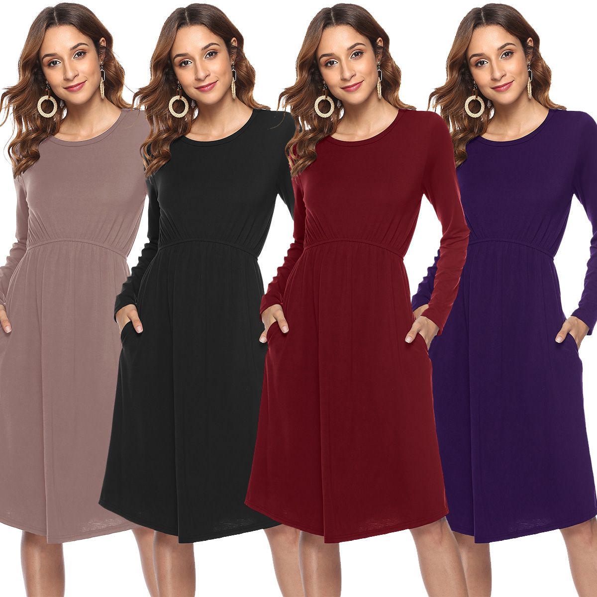 2019 para mujer vestido casual moda primavera mangas o cuello midi vestido la rodilla