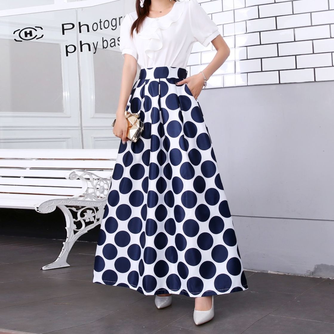 Falda larga plisada de 2019 Jupe Longue Femme Vintage de talle lunares faldas para