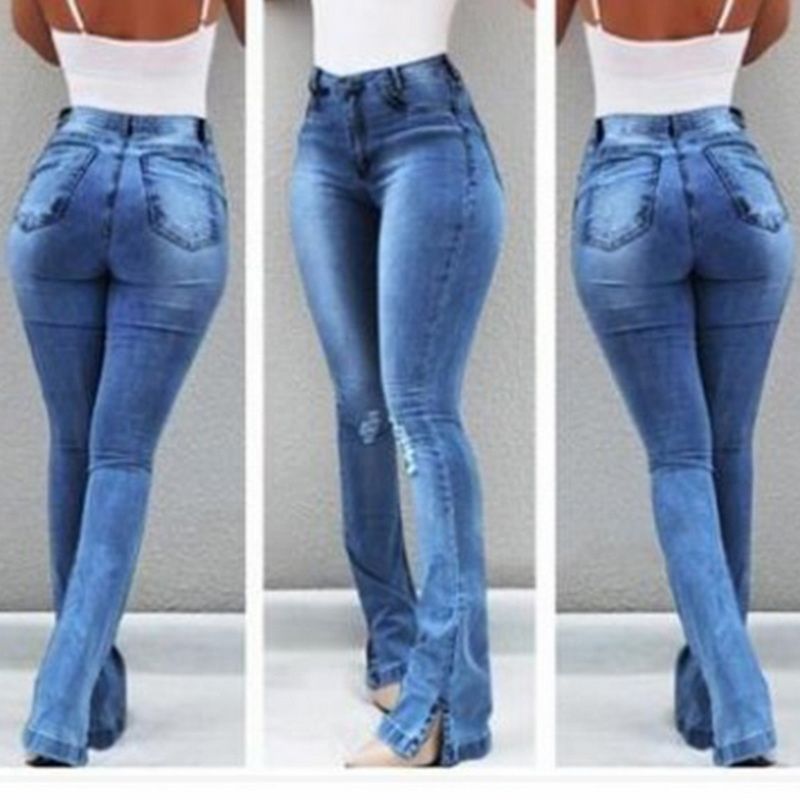 calça jeans cintura alta e boca de sino